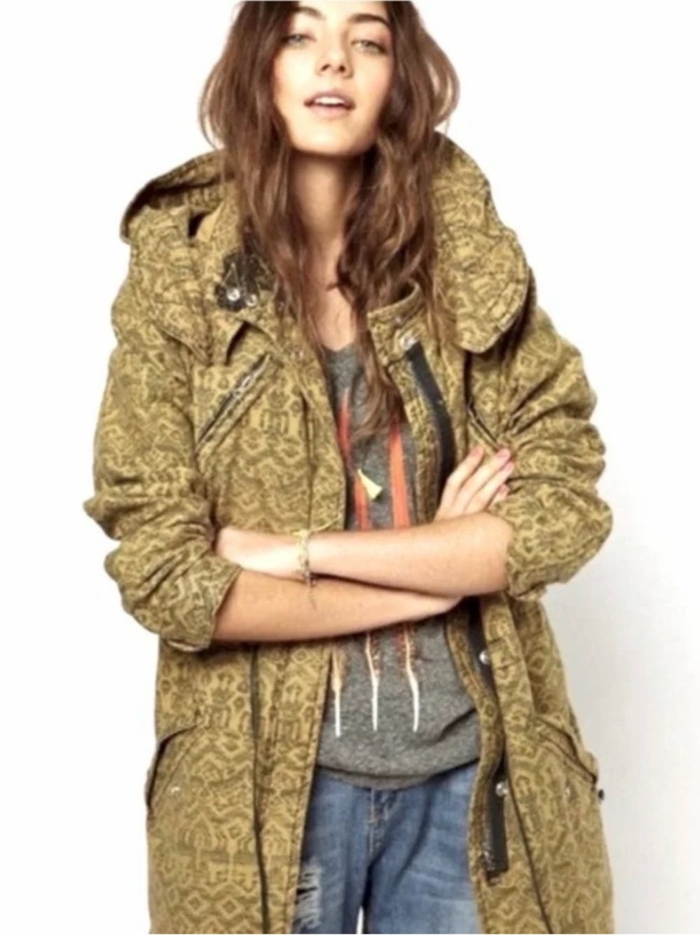 Maison Scotch Woven Patterned Hooded Parka Jacket - Olive